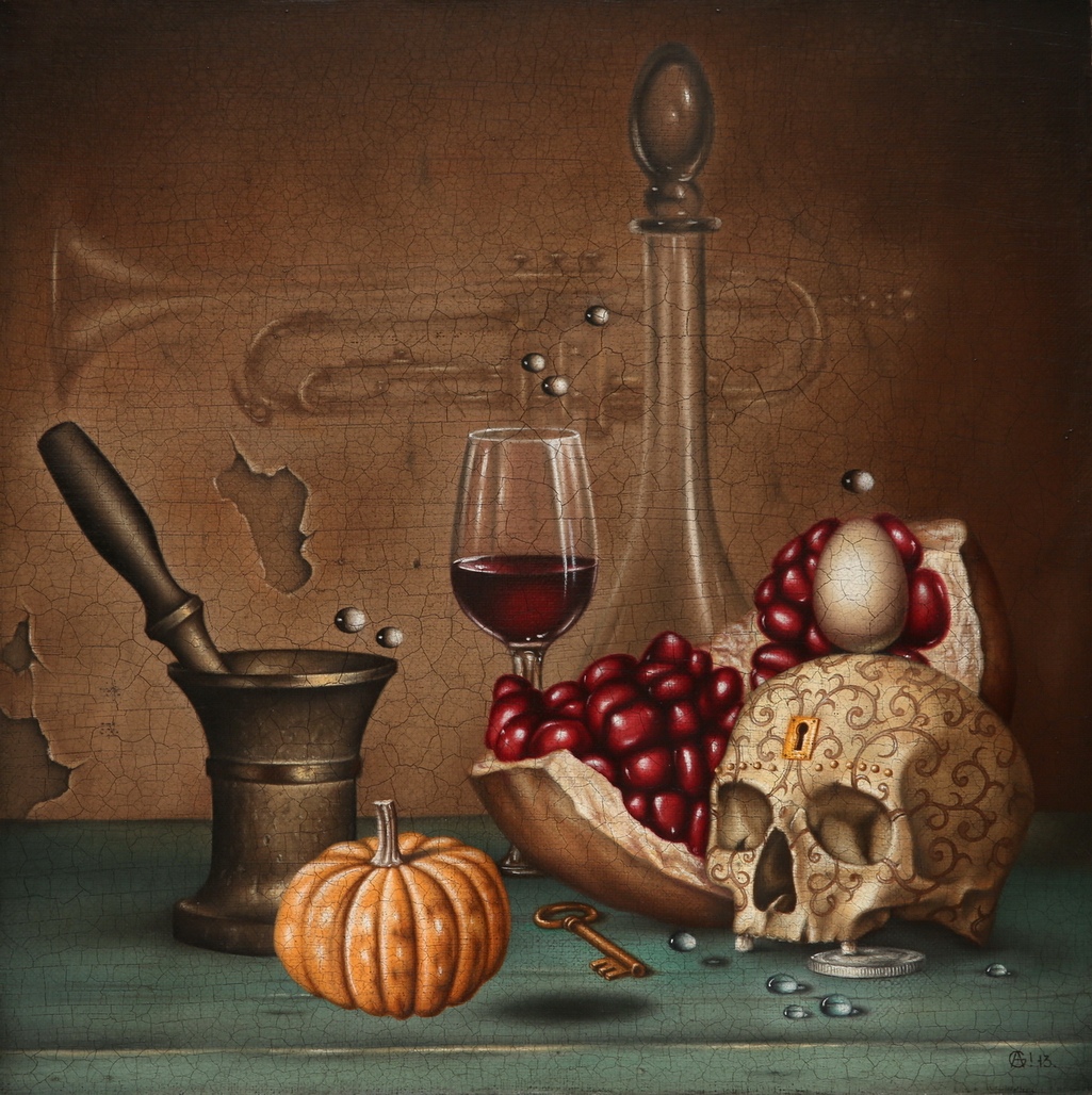Натюрморт с изящным черепом и исчезающей трубой.